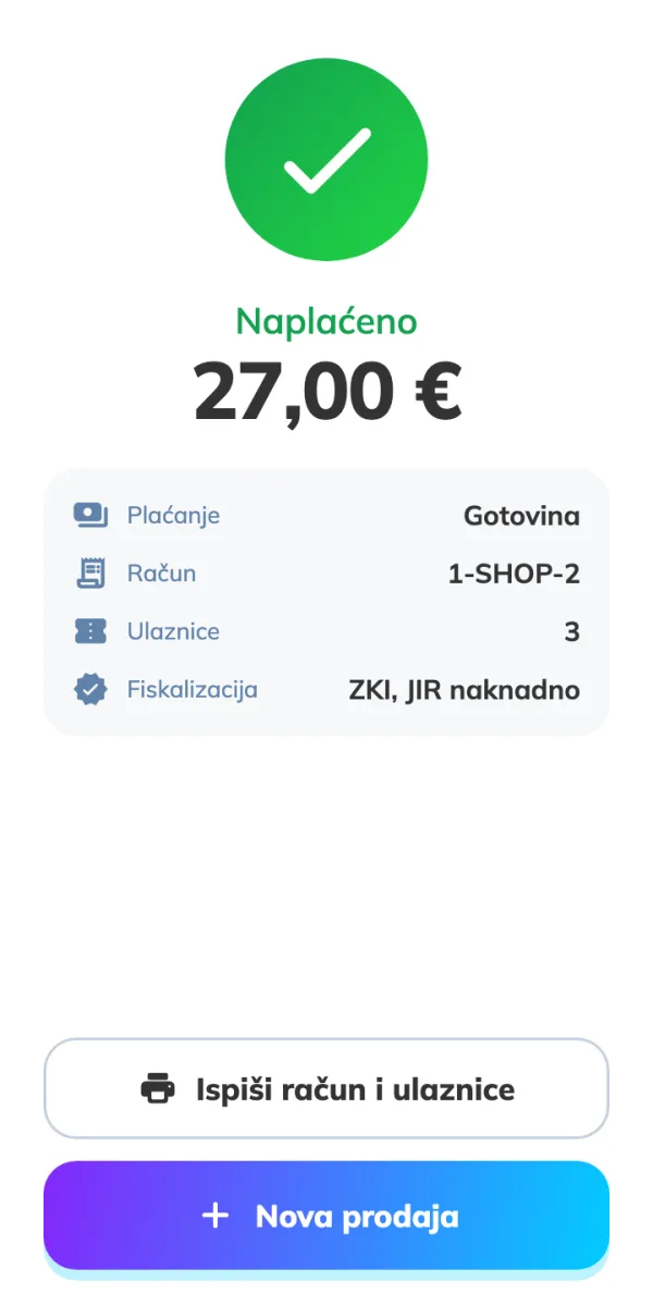 Naplaćeno: broj računa, broj ulaznica i fiskalizacija